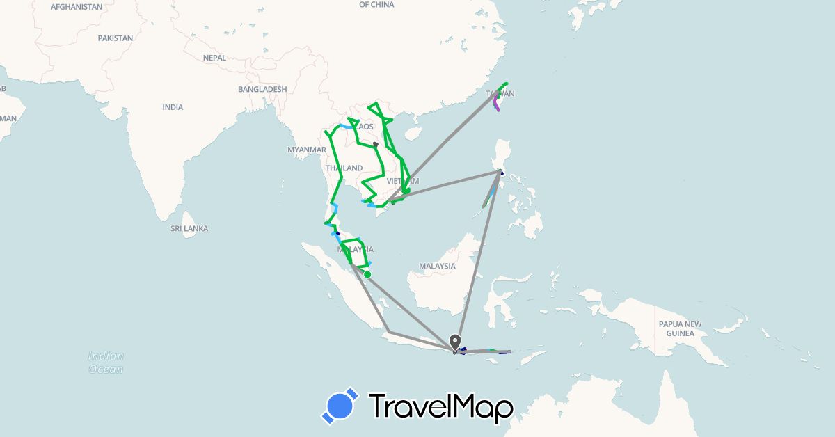 TravelMap itinerary: driving, bus, plane, train, hiking, boat, motorbike in Indonesia, Cambodia, Laos, Malaysia, Philippines, Singapore, Thailand, Taiwan, Vietnam (Asia)