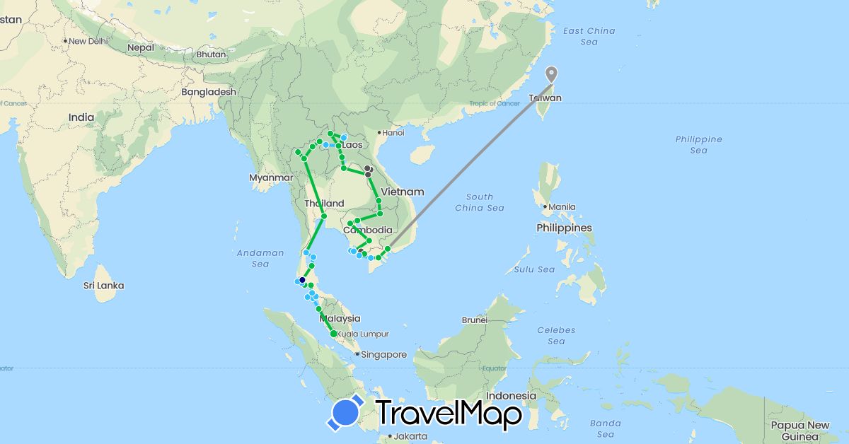 TravelMap itinerary: driving, bus, plane, boat, motorbike in Cambodia, Laos, Malaysia, Thailand, Taiwan, Vietnam (Asia)