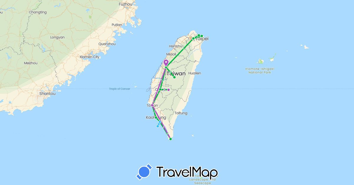 TravelMap itinerary: bus, plane, train, boat in Taiwan (Asia)