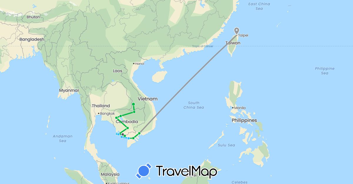 TravelMap itinerary: bus, plane, boat, motorbike in Cambodia, Laos, Taiwan, Vietnam (Asia)