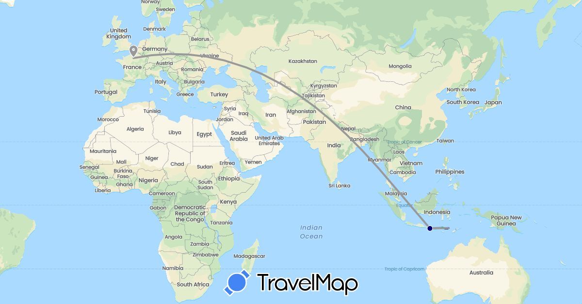 TravelMap itinerary: driving, bus, plane, boat, motorbike in France, Indonesia (Asia, Europe)