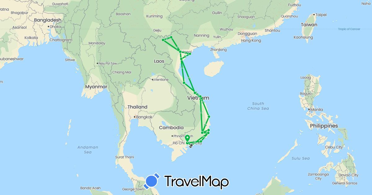 TravelMap itinerary: driving, bus, motorbike in Vietnam (Asia)